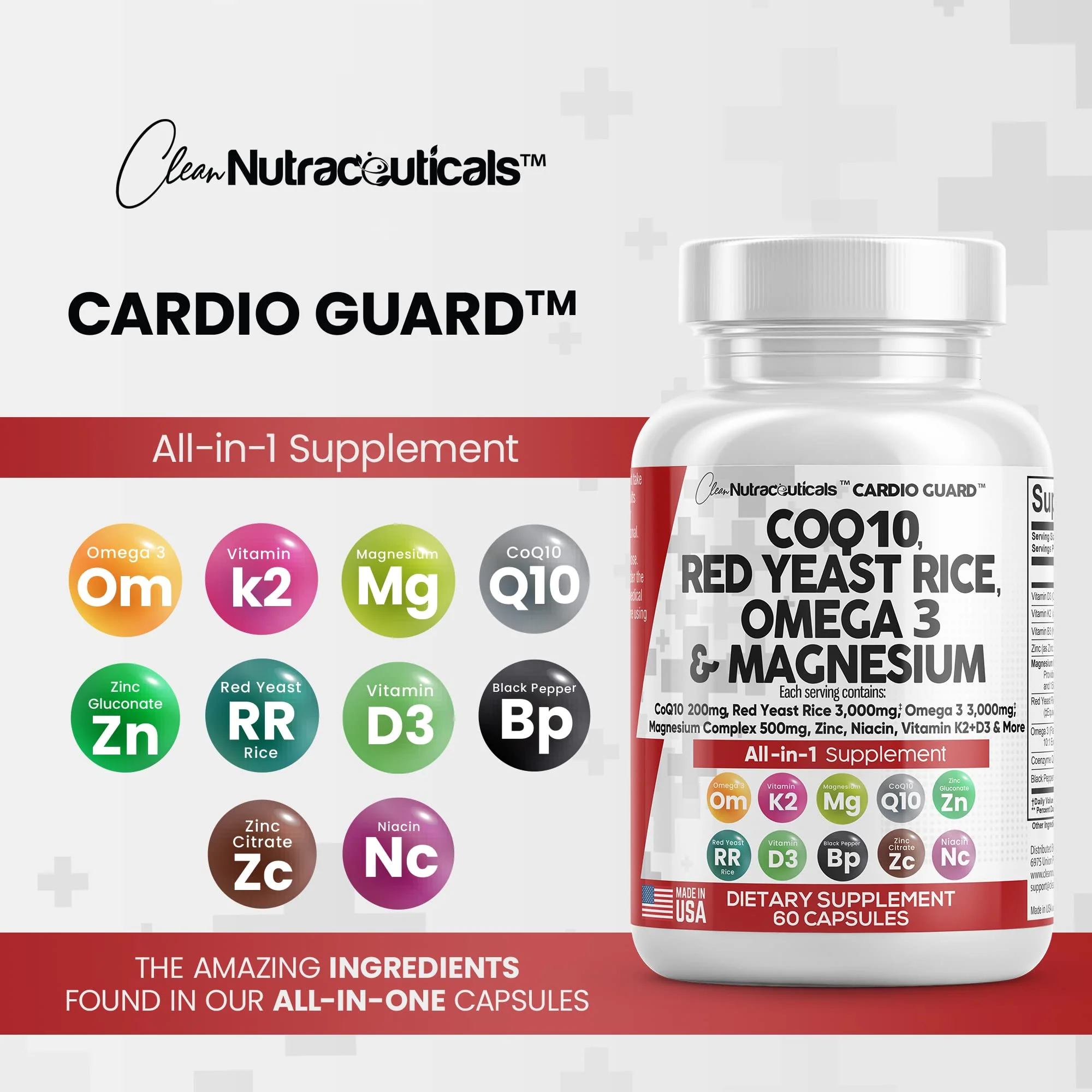 COQ10 200mg Red Yeast Rice 3000mg Omega 3 3000mg Magnesium Complex 500mg Niacin Zinc Vitamin K2 D3 - Heart Health Support Vitamins for Women and Men with Vitamin B3, Coenzyme Q10 - Made in USA 60 Caps - Image 2