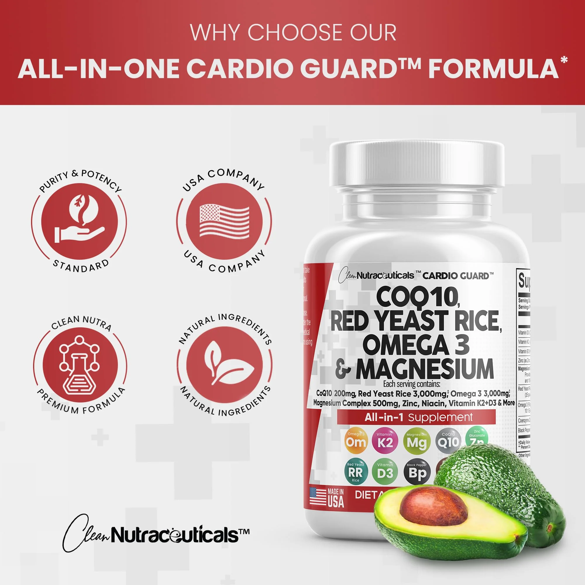 COQ10 200mg Red Yeast Rice 3000mg Omega 3 3000mg Magnesium Complex 500mg Niacin Zinc Vitamin K2 D3 - Heart Health Support Vitamins for Women and Men with Vitamin B3, Coenzyme Q10 - Made in USA 60 Caps - Image 3