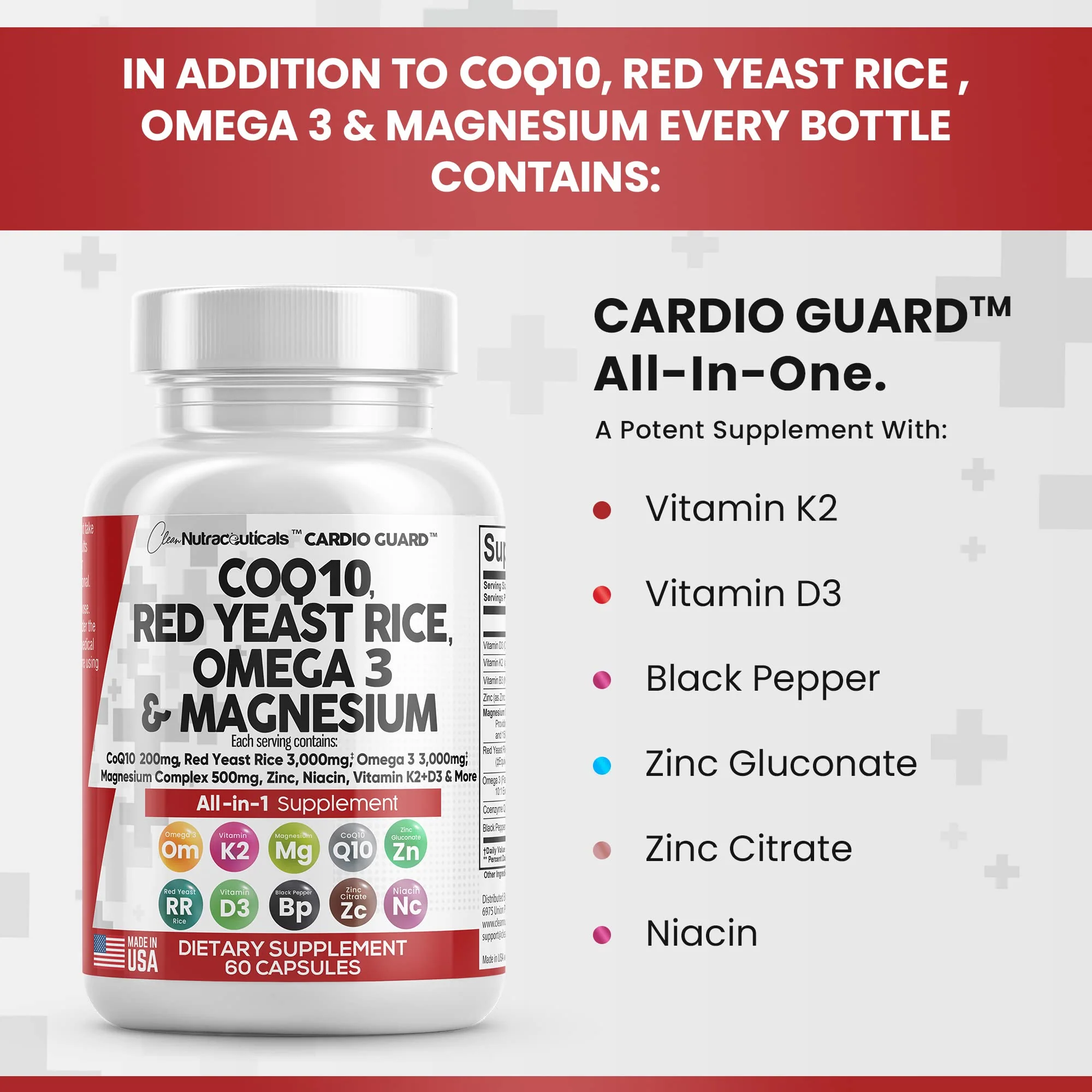 COQ10 200mg Red Yeast Rice 3000mg Omega 3 3000mg Magnesium Complex 500mg Niacin Zinc Vitamin K2 D3 - Heart Health Support Vitamins for Women and Men with Vitamin B3, Coenzyme Q10 - Made in USA 60 Caps - Image 4