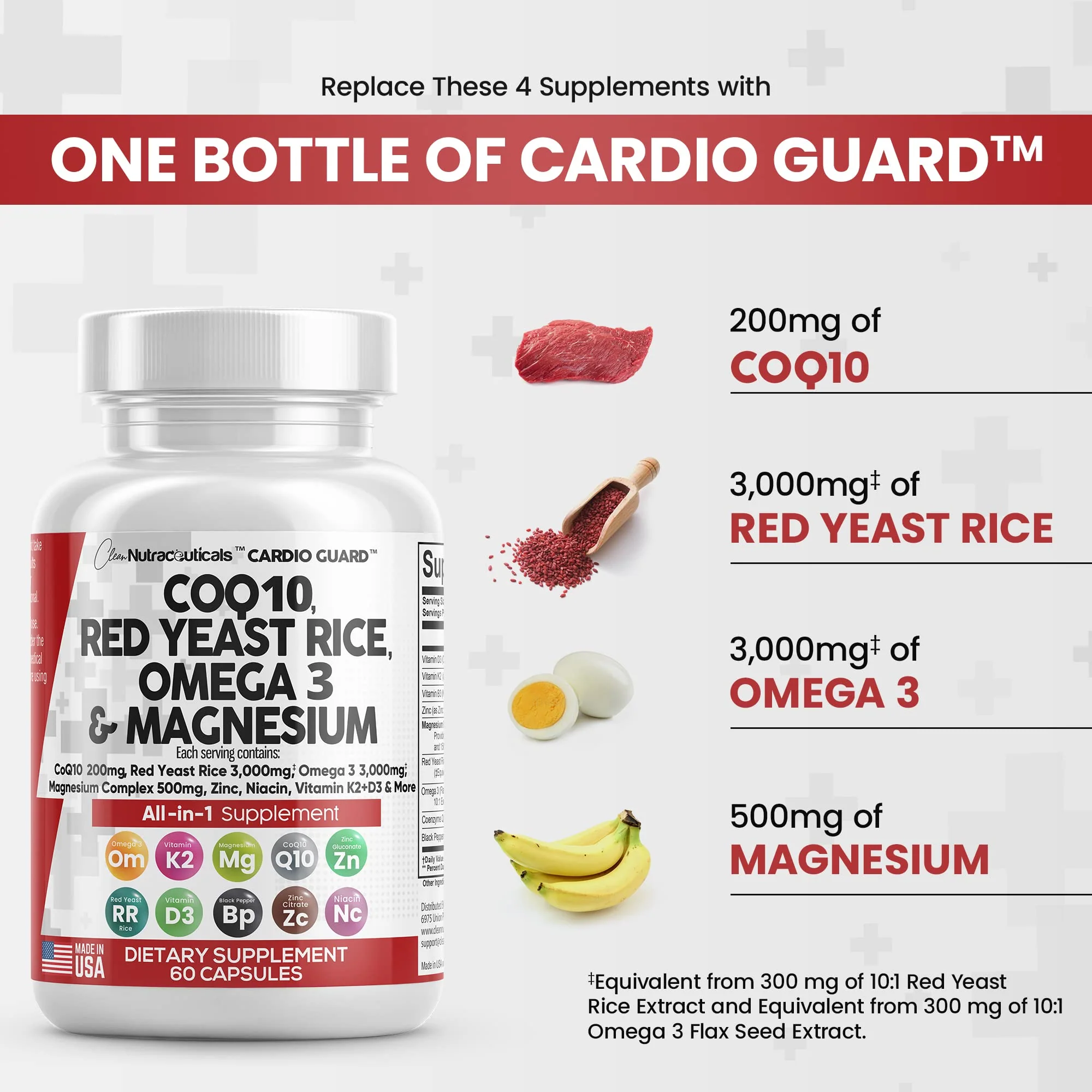 COQ10 200mg Red Yeast Rice 3000mg Omega 3 3000mg Magnesium Complex 500mg Niacin Zinc Vitamin K2 D3 - Heart Health Support Vitamins for Women and Men with Vitamin B3, Coenzyme Q10 - Made in USA 60 Caps - Image 6