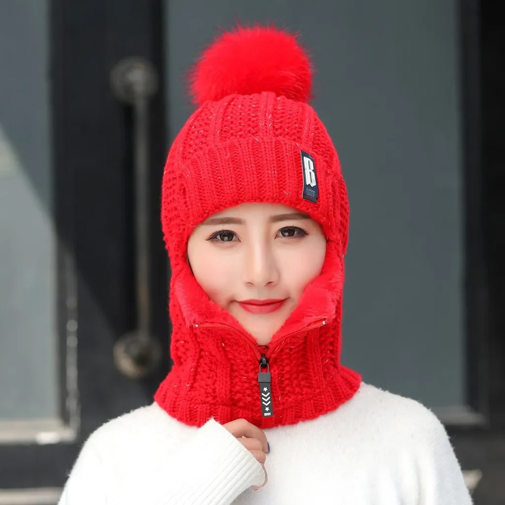 Coral Fleece Women Knitted Hats Add Fur Warm Winter Hats for Women with Zipper Scarf Keep Face Warmer Balaclava Pompoms Cap - Image 13