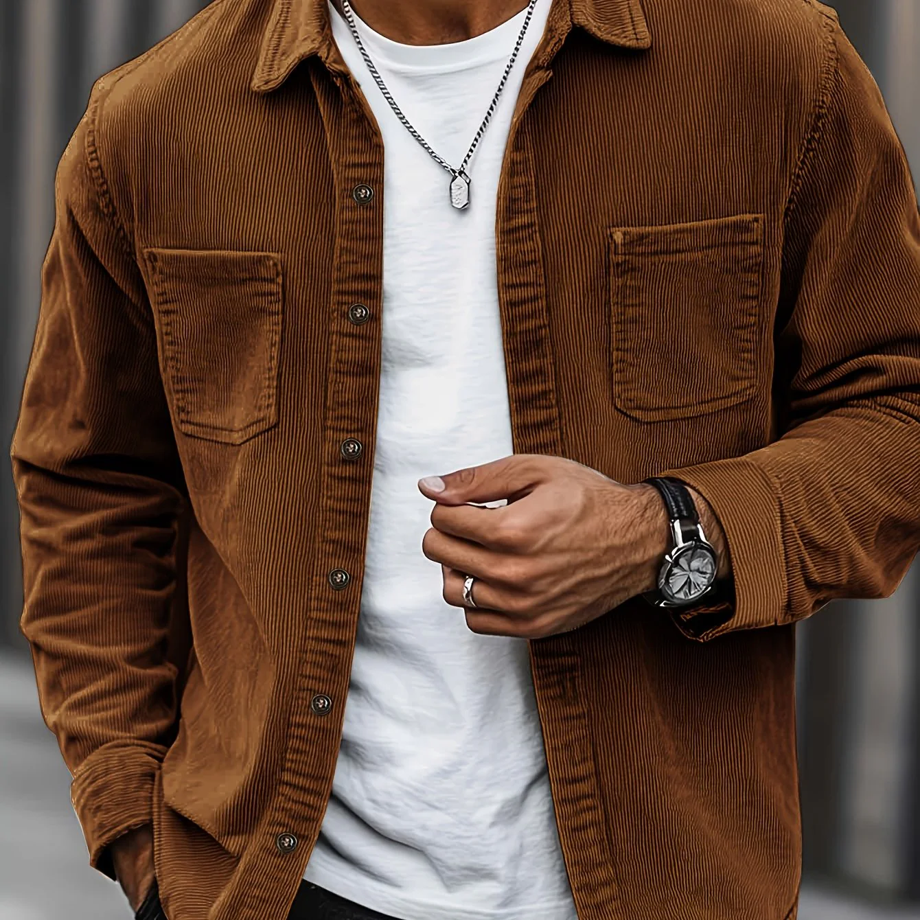 [Corduroy Casual Shirt] Light Blue Corduroy Men's Casual Shirt Jacket | Classic Collar, Button-Up Long Sleeve with Double Chest Pockets, Perfect for Spring & Fall, Everyday Fashion, Street Style, and Office Wear - Image 12