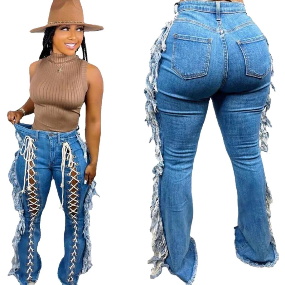 Cotton Flare Bell Bottom Jeans Long Pant for Women Casual Pants Wom Jeans New Fashion Lace Up Jeans with Fringes
