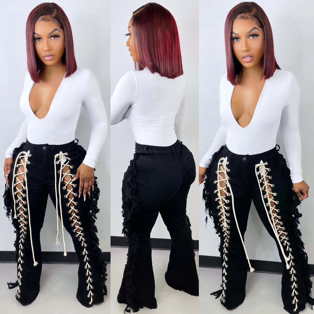 Cotton Flare Bell Bottom Jeans Long Pant for Women Casual Pants Wom Jeans New Fashion Lace Up Jeans with Fringes - Image 2