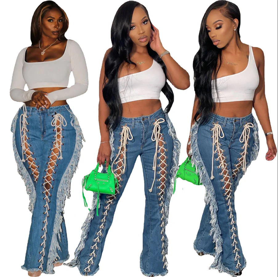 Cotton Flare Bell Bottom Jeans Long Pant for Women Casual Pants Wom Jeans New Fashion Lace Up Jeans with Fringes - Image 3