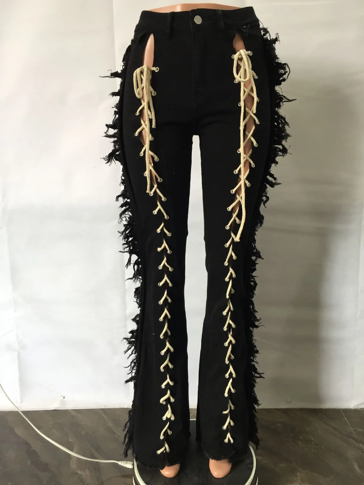 Cotton Flare Bell Bottom Jeans Long Pant for Women Casual Pants Wom Jeans New Fashion Lace Up Jeans with Fringes - Image 4