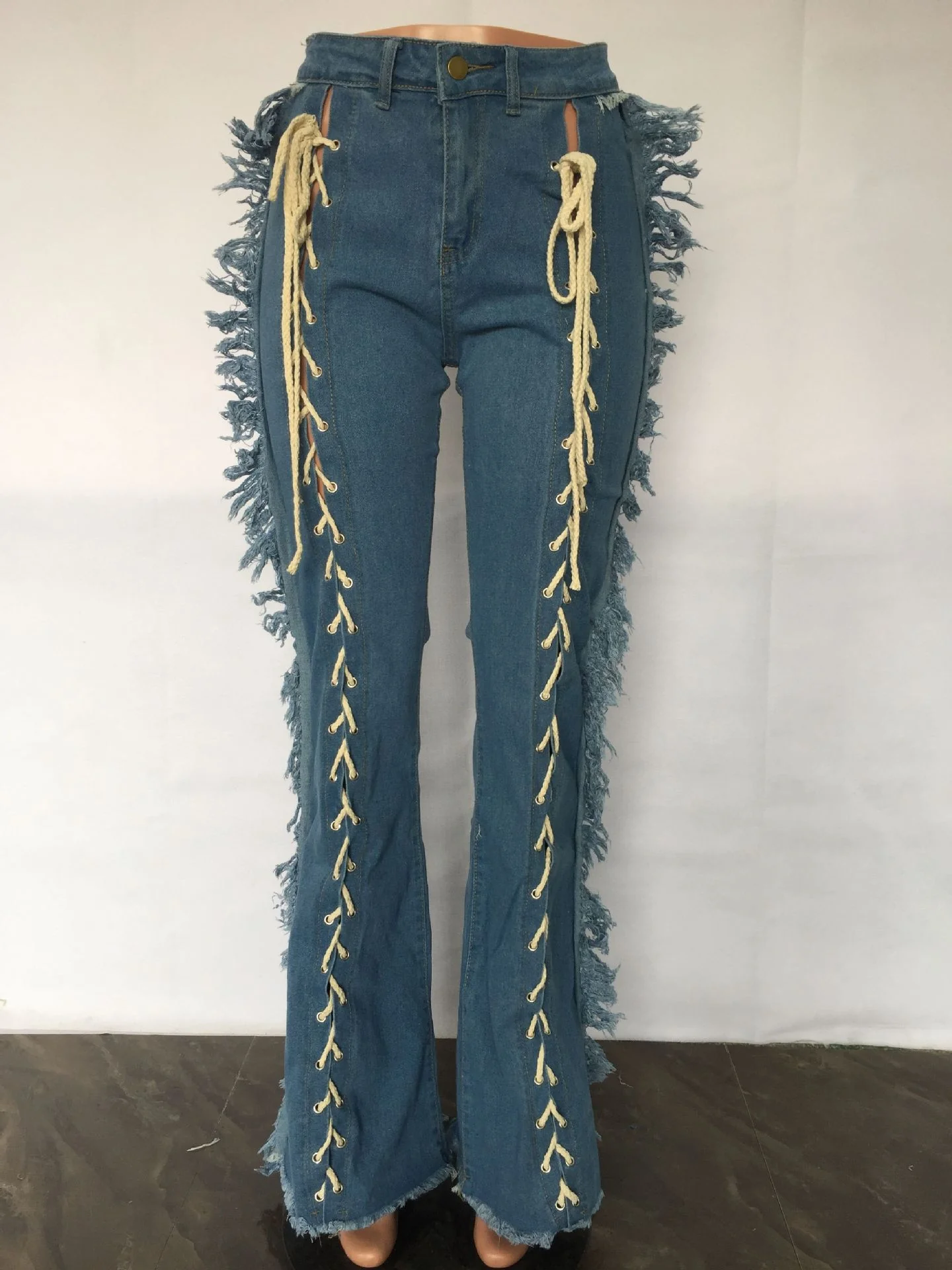 Cotton Flare Bell Bottom Jeans Long Pant for Women Casual Pants Wom Jeans New Fashion Lace Up Jeans with Fringes - Image 8