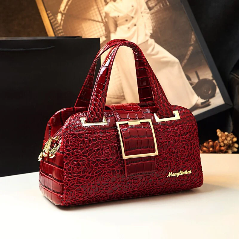Cowhide leather Women handbag Lace crocodile pattern mother bag shoulder messenger three-layer middle-aged Portable Boston Bags - Image 2