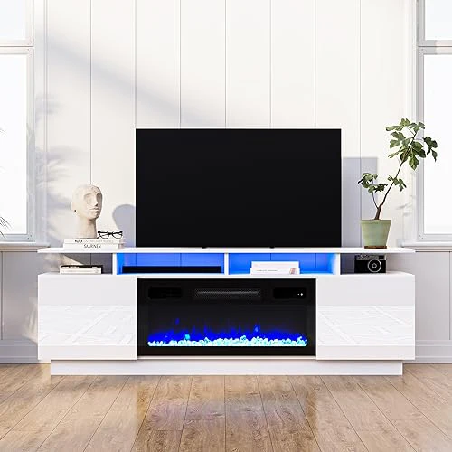 Cozy Castle Fireplace TV Stand for TV up to 75", High Gloss TV Entertainment Center with 30" Electric Fireplace, LED TV Console Table for Living Room, White - Image 7