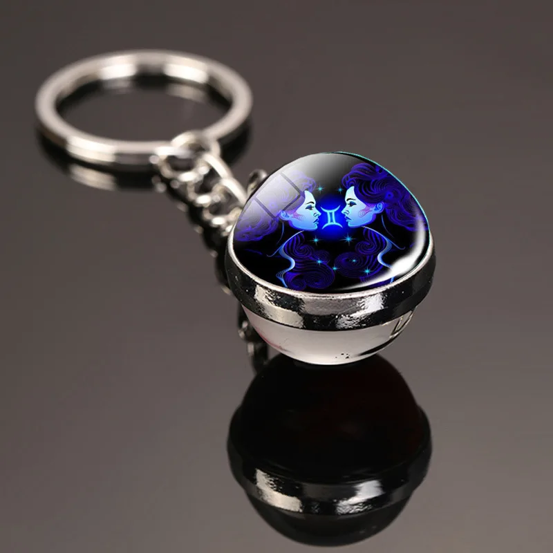 Creative 12 Constellation Key Ring Time Stone Double-Sided Glass Ball Metal Keychain Pendant Key Chain Accessories Fashion Gift - Image 12
