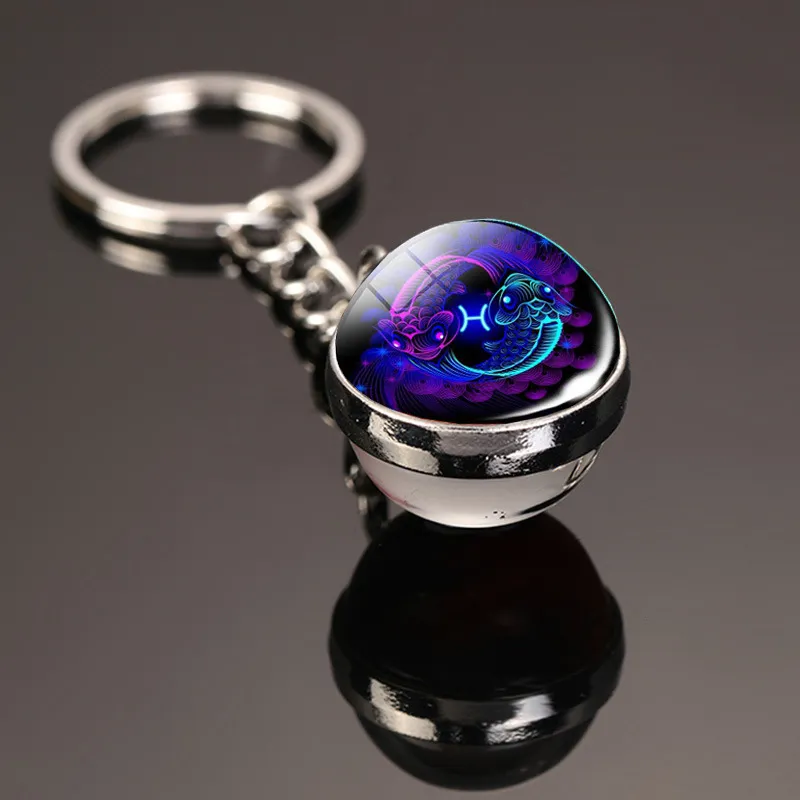 Creative 12 Constellation Key Ring Time Stone Double-Sided Glass Ball Metal Keychain Pendant Key Chain Accessories Fashion Gift - Image 13