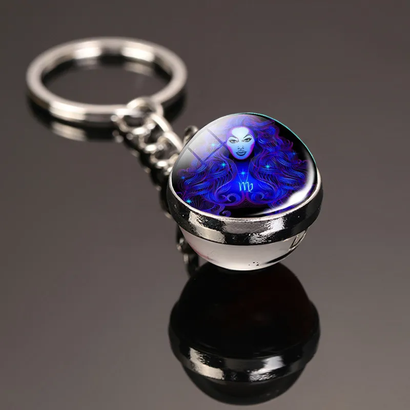 Creative 12 Constellation Key Ring Time Stone Double-Sided Glass Ball Metal Keychain Pendant Key Chain Accessories Fashion Gift - Image 5