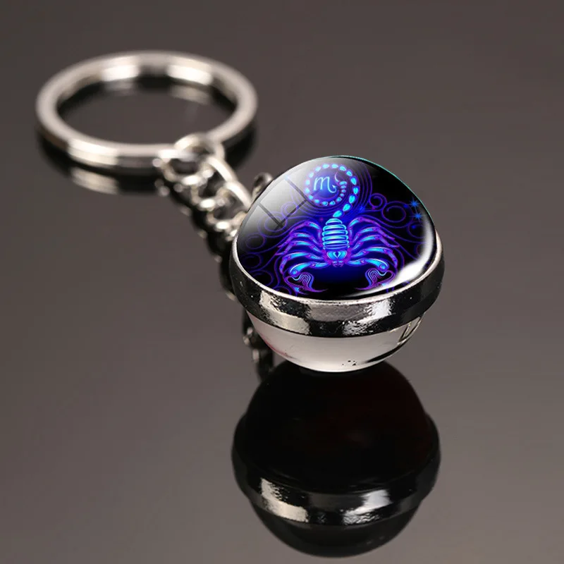 Creative 12 Constellation Key Ring Time Stone Double-Sided Glass Ball Metal Keychain Pendant Key Chain Accessories Fashion Gift - Image 8