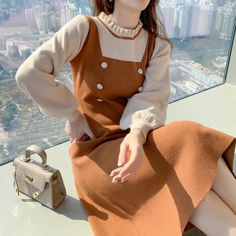 Crochet Sweater Dress Woman Vintage Loose Autumn Winter 2023 Knitted Casual Midi Long Sleeve Dresses Ladies Yellow Korean Style - Image 6