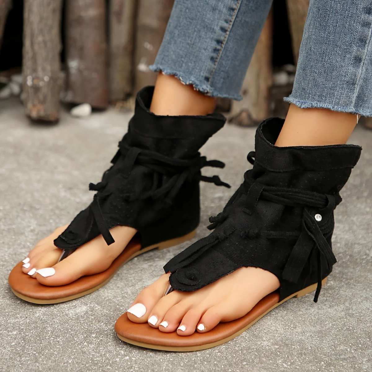 Cross-border Cool Boots European and American Hot Selling Retro Comfortable Flat Bottom Tassel Hollow Toe Women's Sandals - Image 6