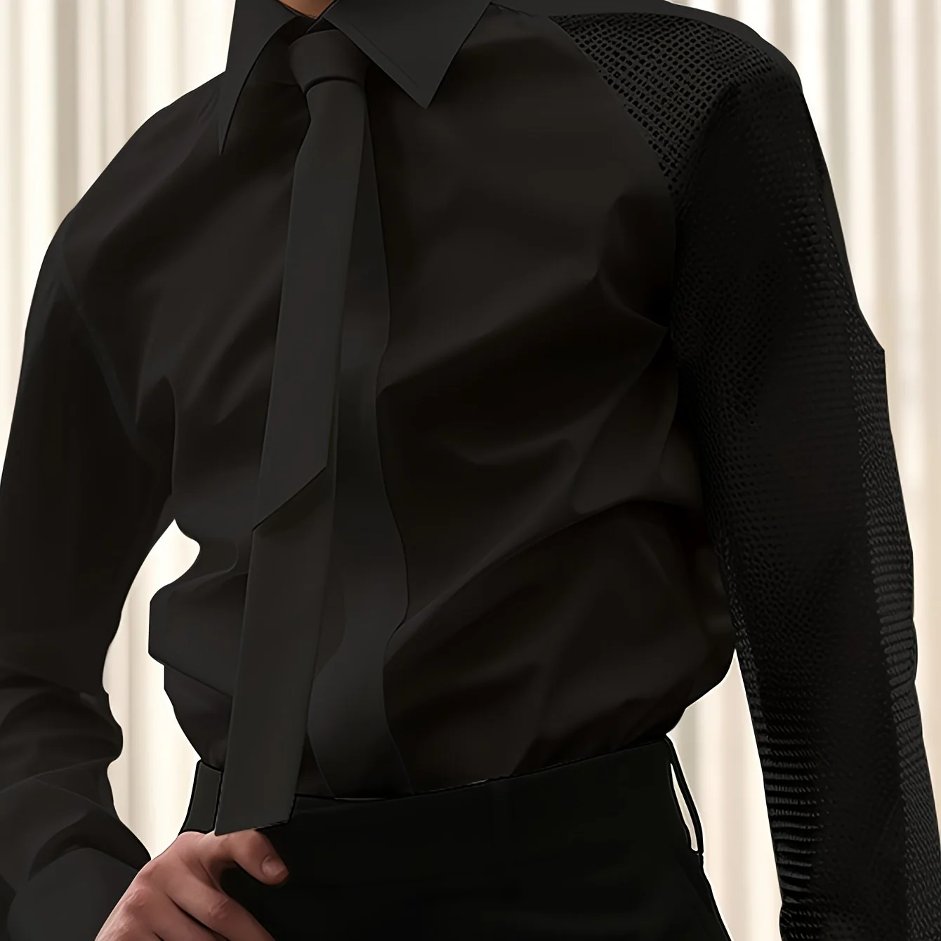 Cross-border foreign trade Men's shirt autumn new Men's casual shirt European and American Men's high-end banquet gentleman shirt plain long-sleeved net splicing shirt performance uniform - Image 11