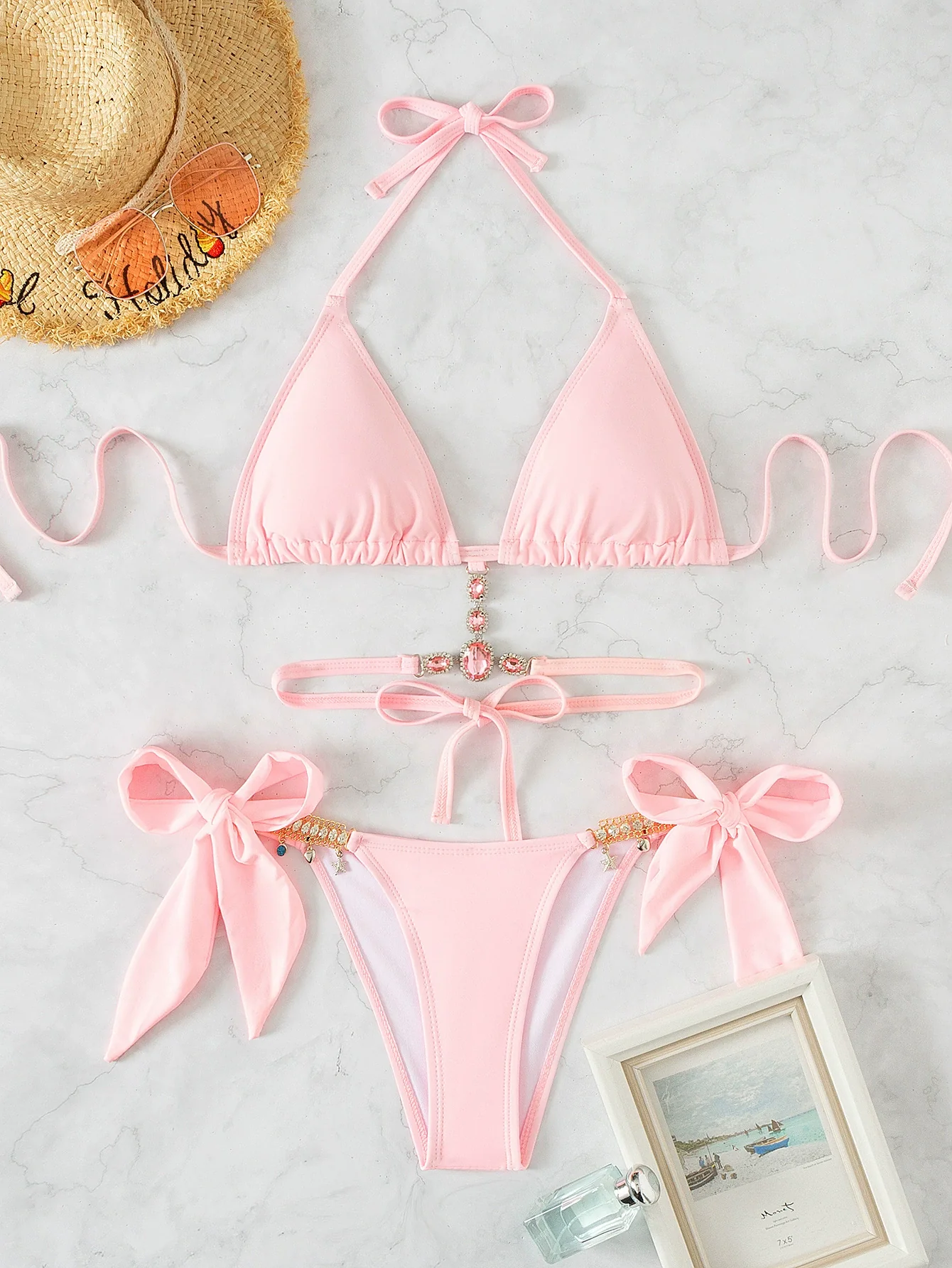 Cross-Border New Arrival Women's Swimsuit Crystal Diamond Triangle Bag Strap Open Back Beach Bikini European and American Swimwear - Image 6