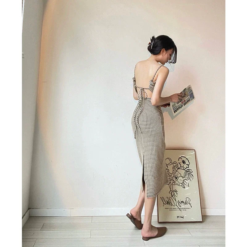 Cross Houndstooth Slim Fit Backless Slip Dress - Image 3