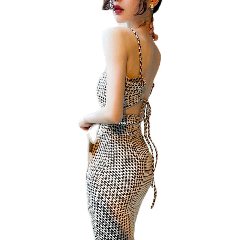 Cross Houndstooth Slim Fit Backless Slip Dress - Image 5