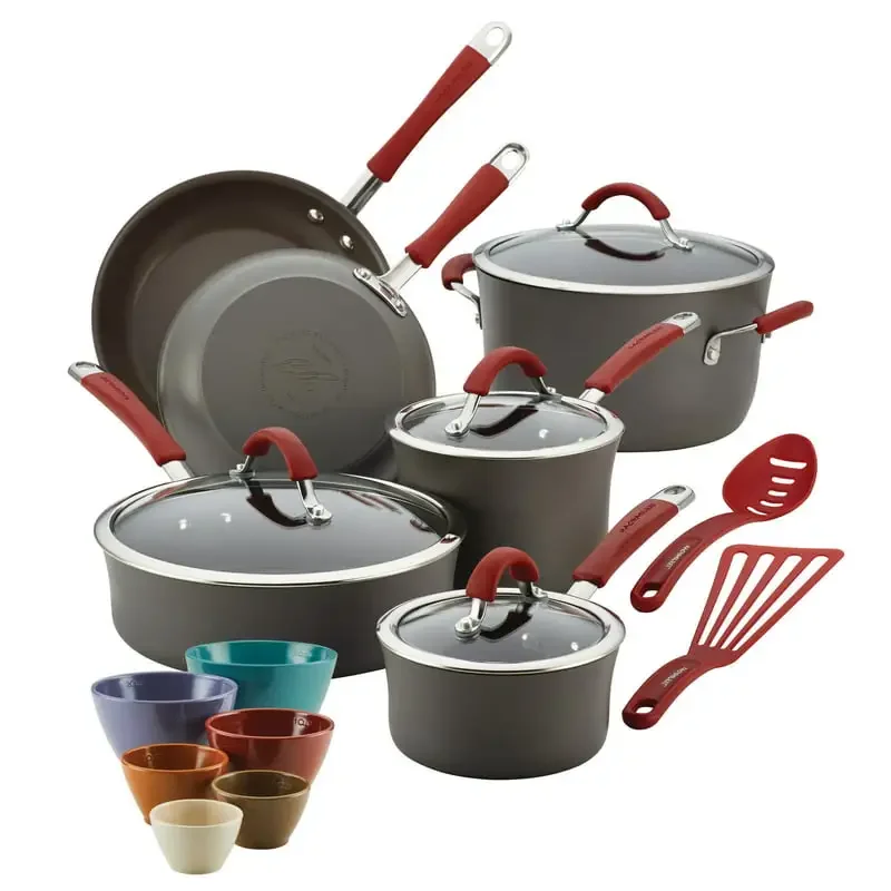 Cucina Hard-Anodized Nonstick Cookware and Prep Bowl Set, 18-Piece, Gray with Blue Handles - Image 7