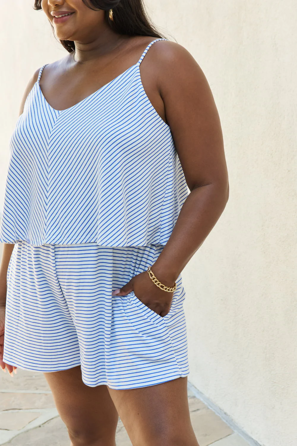 Culture Code Let It Happen Full Size Double Flare Striped Romper in Cobalt Blue - Image 5