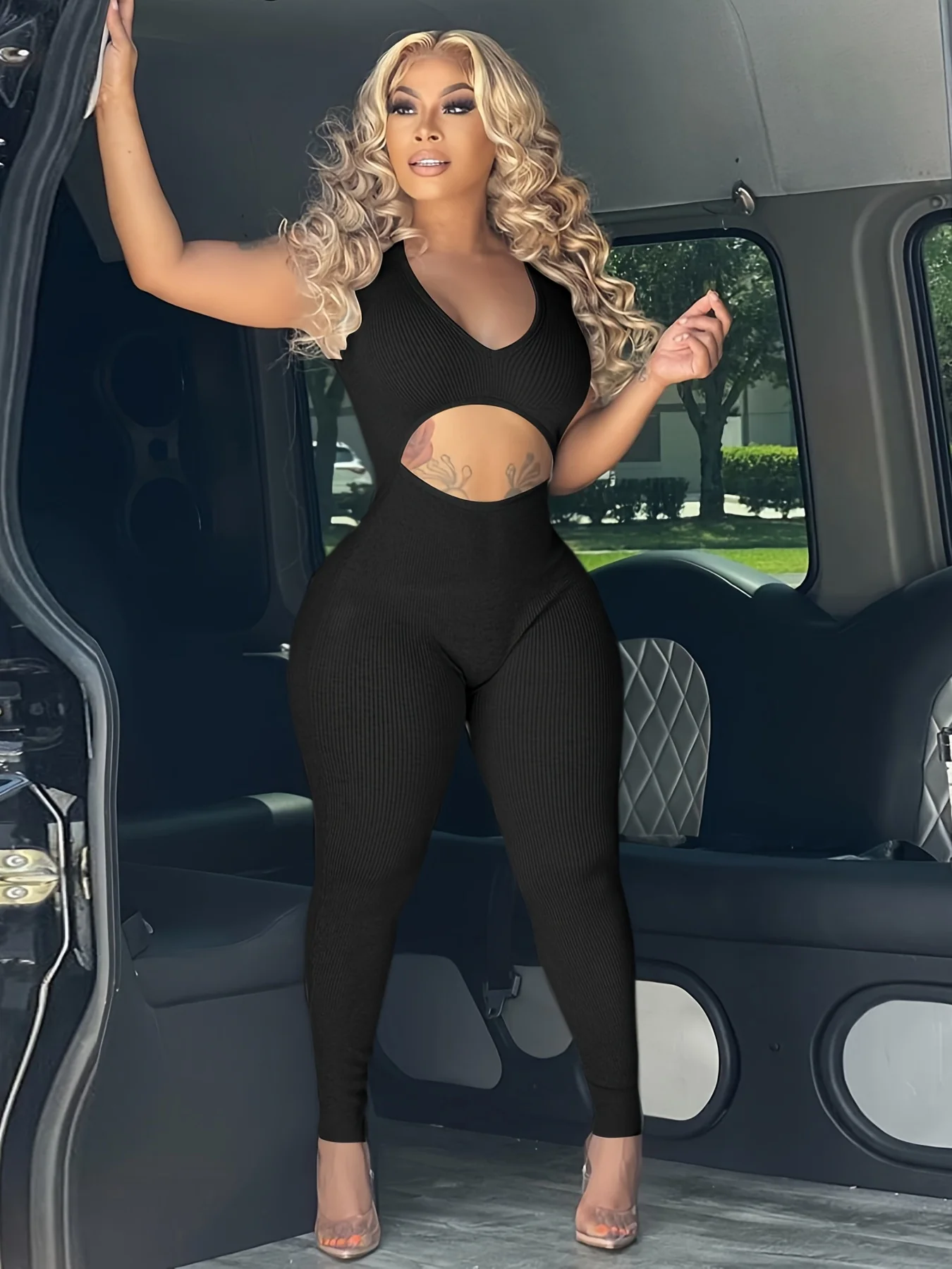 Cut Out Sleeveless Jumpsuit, Sexy Solid Bodycon Jumpsuit, Women's Clothing - Image 2
