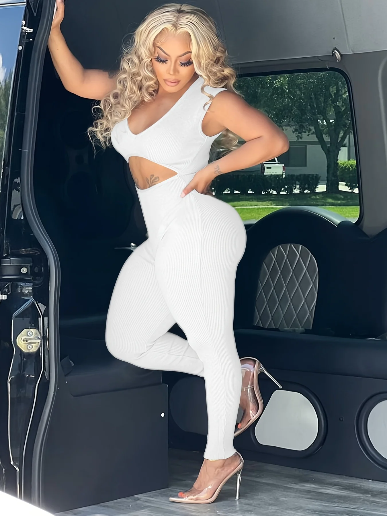 Cut Out Sleeveless Jumpsuit, Sexy Solid Bodycon Jumpsuit, Women's Clothing - Image 5