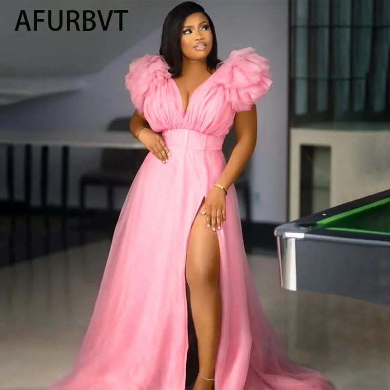 Cute Blue White Ruffles Tulle Ball Gowns for To Birthday Long Party Dresses Sexy Deep V Neck Puff Sleeve Maxi Dress - Image 3