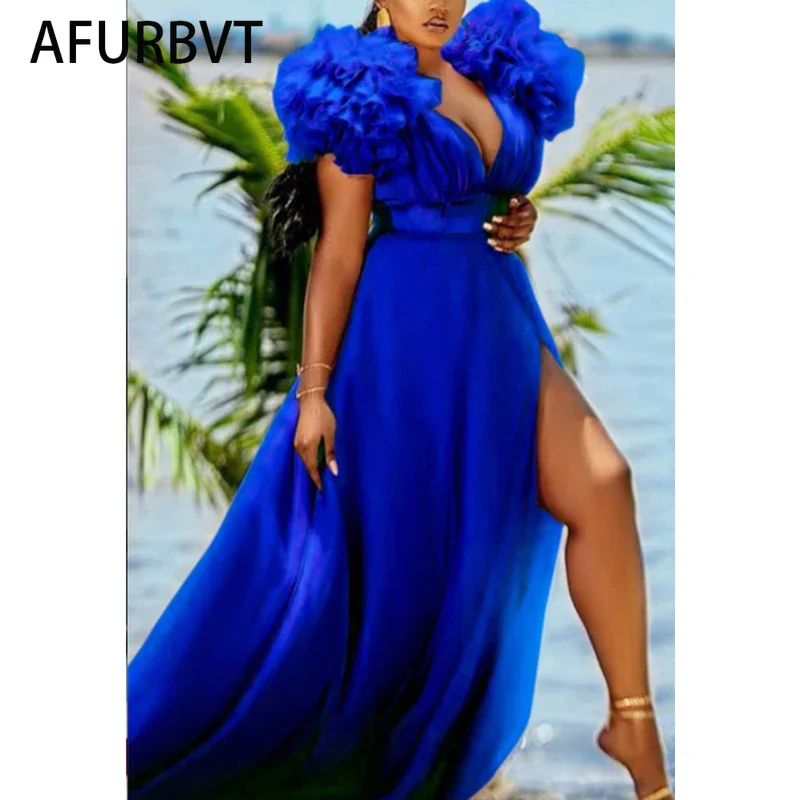 Cute Blue White Ruffles Tulle Ball Gowns for To Birthday Long Party Dresses Sexy Deep V Neck Puff Sleeve Maxi Dress - Image 6