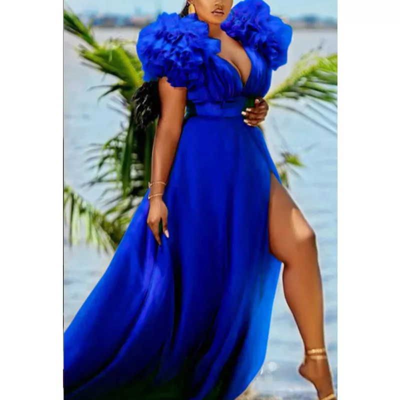 Cute Blue White Ruffles Tulle Ball Gowns for To Birthday Long Party Dresses Sexy Deep V Neck Puff Sleeve Maxi Dress - Image 7