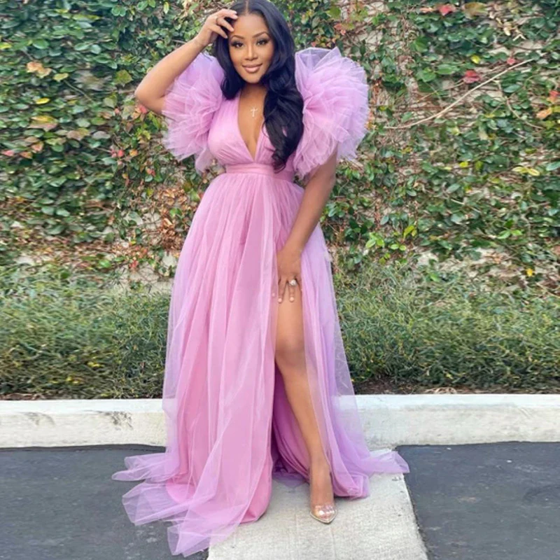 Cute Pink White Ruffles Tulle Ball Gowns for To Birthday Long Party Dresses Sexy Deep V Neck Puff Sleeve Maxi Dress - Image 3