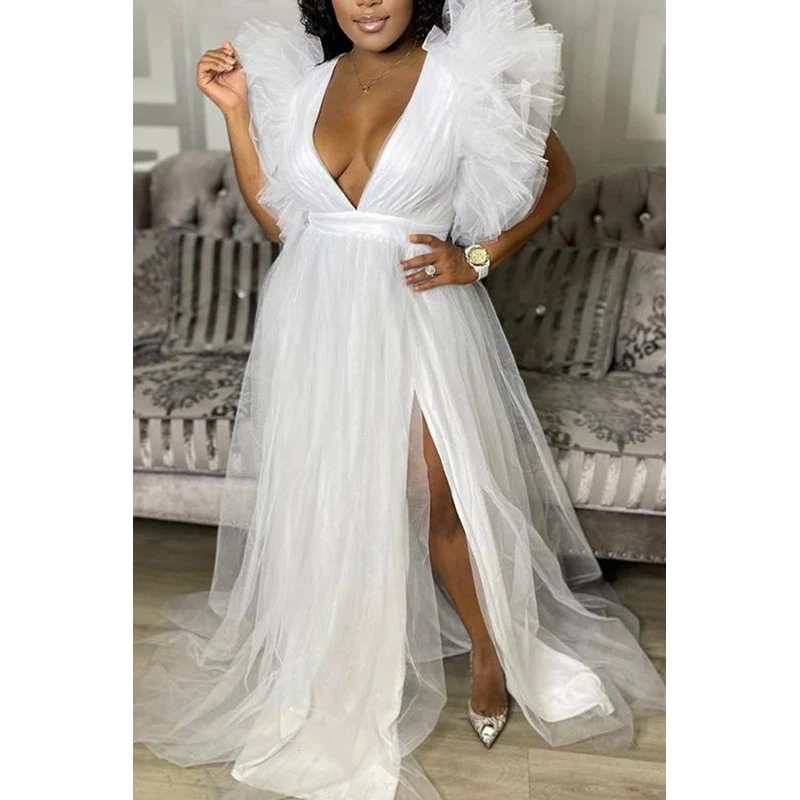 Cute Pink White Ruffles Tulle Ball Gowns for To Birthday Long Party Dresses Sexy Deep V Neck Puff Sleeve Maxi Dress - Image 4