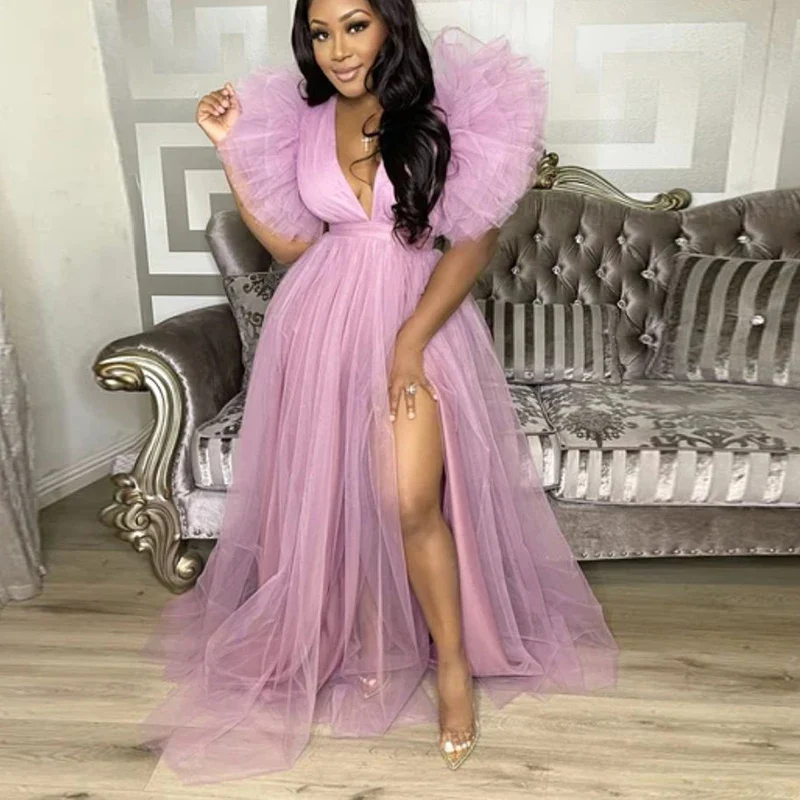 Cute Pink White Ruffles Tulle Ball Gowns for To Birthday Long Party Dresses Sexy Deep V Neck Puff Sleeve Maxi Dress - Image 5
