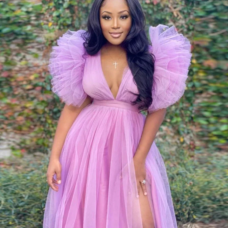 Cute Pink White Ruffles Tulle Ball Gowns for To Birthday Long Party Dresses Sexy Deep V Neck Puff Sleeve Maxi Dress - Image 6