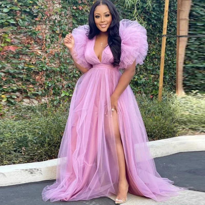 Cute Pink White Ruffles Tulle Ball Gowns for To Birthday Long Party Dresses Sexy Deep V Neck Puff Sleeve Maxi Dress - Image 7