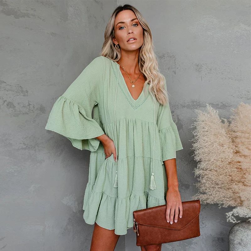 Cute Ruffle Maternity Dresses Summer Casual Pregnancy Pleated Dress For Pregnant Women Flare Sleeve Clothes Loose Woman Clothing - Image 4