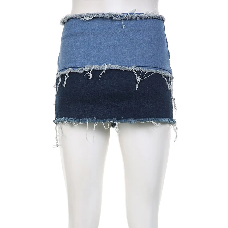 Cuteandpsycho Vintage Aesthetic Denim Patchwork Sexy Mini Skirts Y2K Streetwear Korean Fashion Zipper Skinny Clubwear Cute Skirt - Image 6