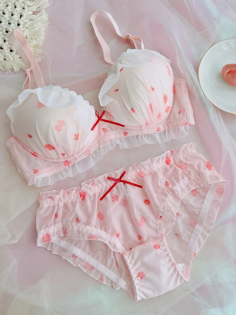 CuteJapanese  brassiere sweet bralette little fresh girls cherry print lingerie pant sets mesh non-steel ring bra set thin cup - Image 2