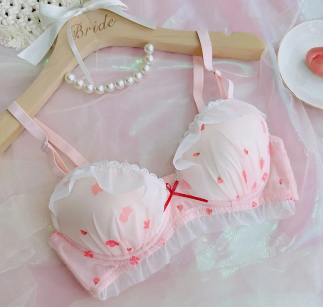 CuteJapanese  brassiere sweet bralette little fresh girls cherry print lingerie pant sets mesh non-steel ring bra set thin cup - Image 3