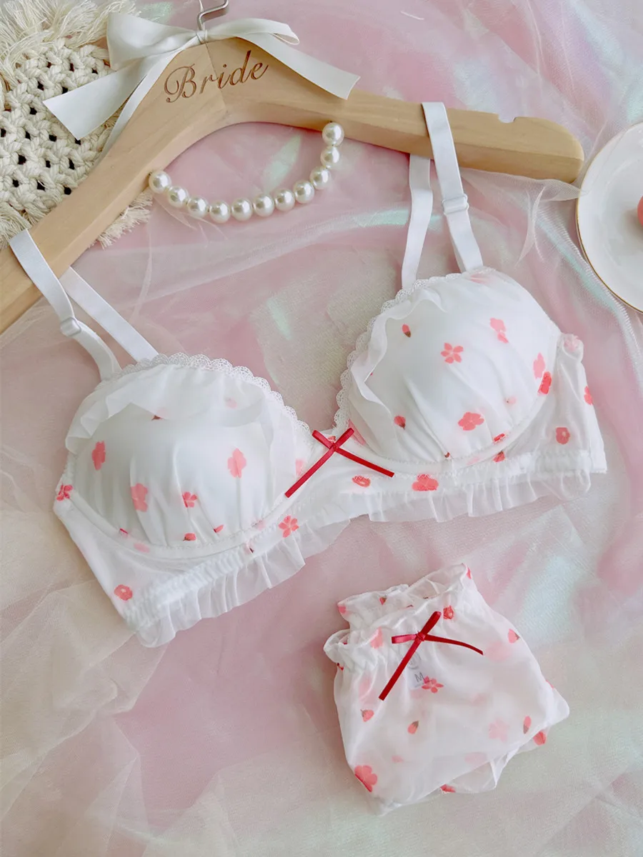 CuteJapanese  brassiere sweet bralette little fresh girls cherry print lingerie pant sets mesh non-steel ring bra set thin cup - Image 4