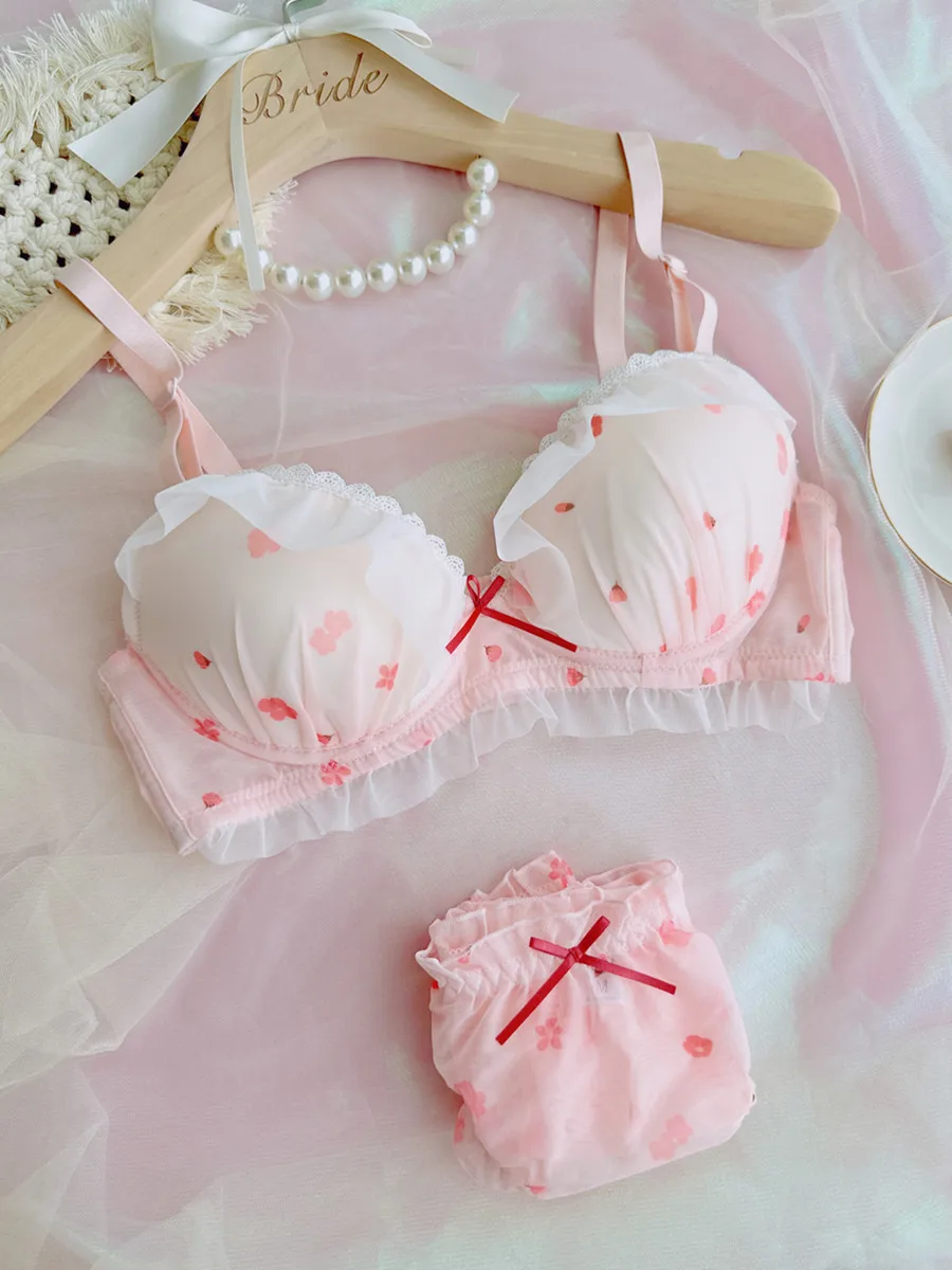 CuteJapanese  brassiere sweet bralette little fresh girls cherry print lingerie pant sets mesh non-steel ring bra set thin cup - Image 6