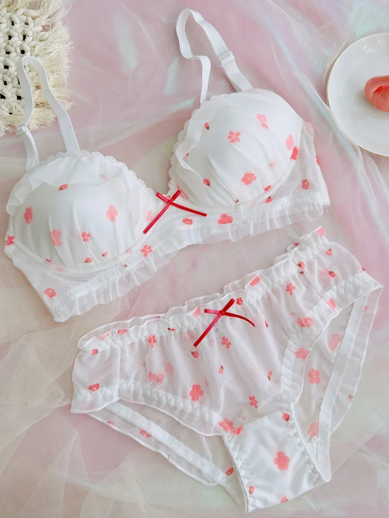 CuteJapanese  brassiere sweet bralette little fresh girls cherry print lingerie pant sets mesh non-steel ring bra set thin cup - Image 8