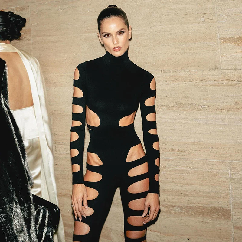 CUTENOVA 2024 New Hollow Out  Asymmetric Hot Girl Personality Set High Neck Sexy Long-Sleeved Jumpsuit Top + Hollow Out Pants - Image 5