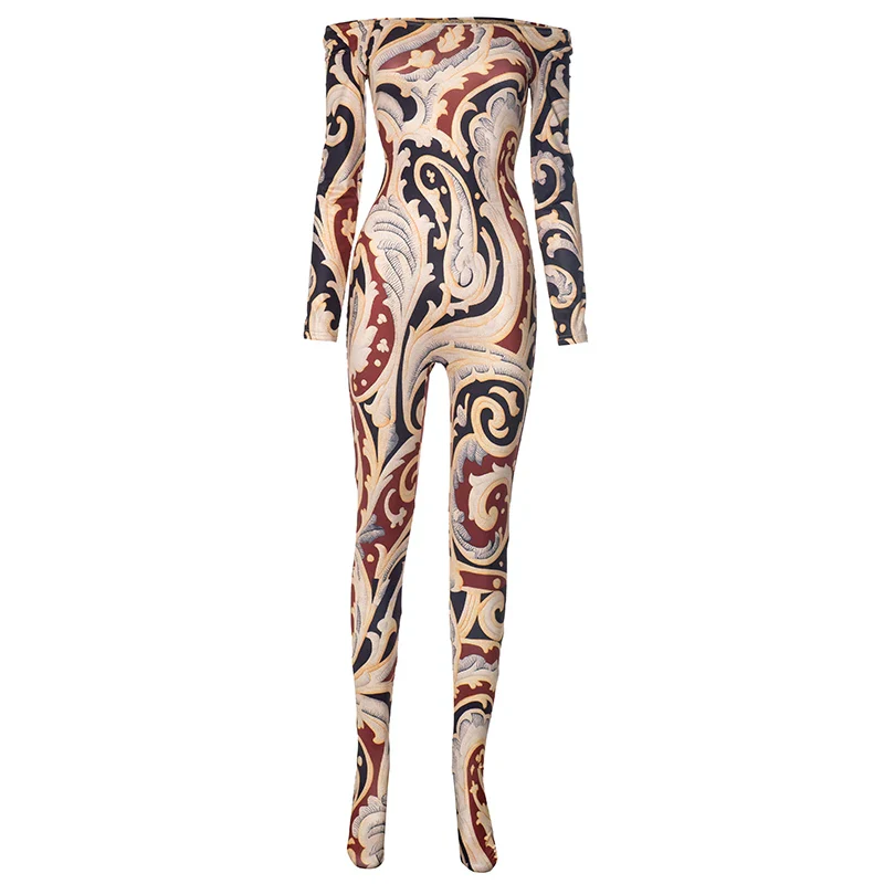 CUTENOVA Fall New Colorful Printed Women'S Jumpsuit One-Shoulder Strapless Long Sleeves Slim Fit Elastic Ankles Jumpsuit Female - Image 11