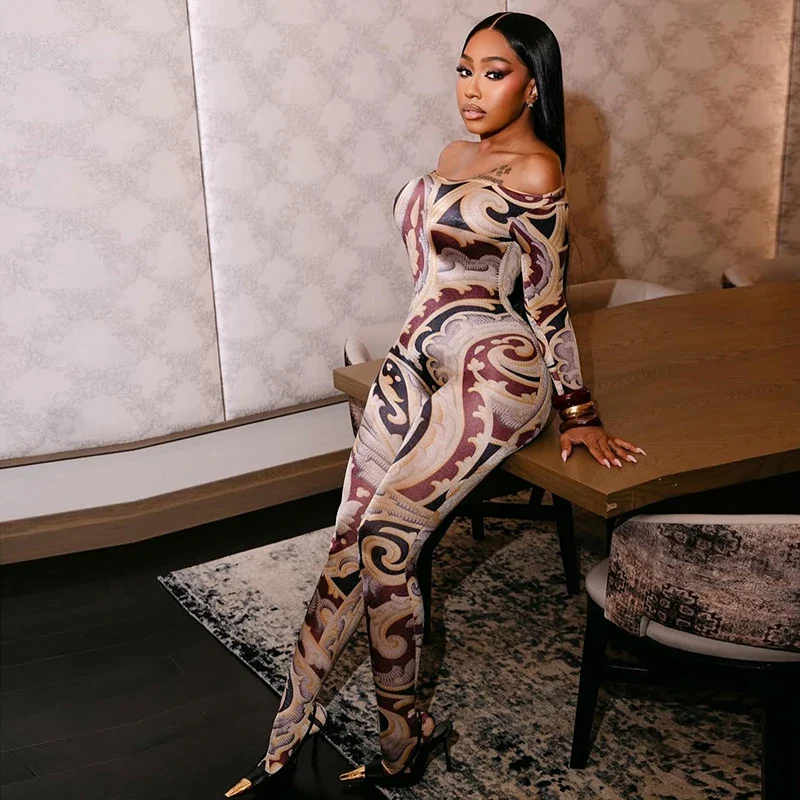 CUTENOVA Fall New Colorful Printed Women'S Jumpsuit One-Shoulder Strapless Long Sleeves Slim Fit Elastic Ankles Jumpsuit Female - Image 2