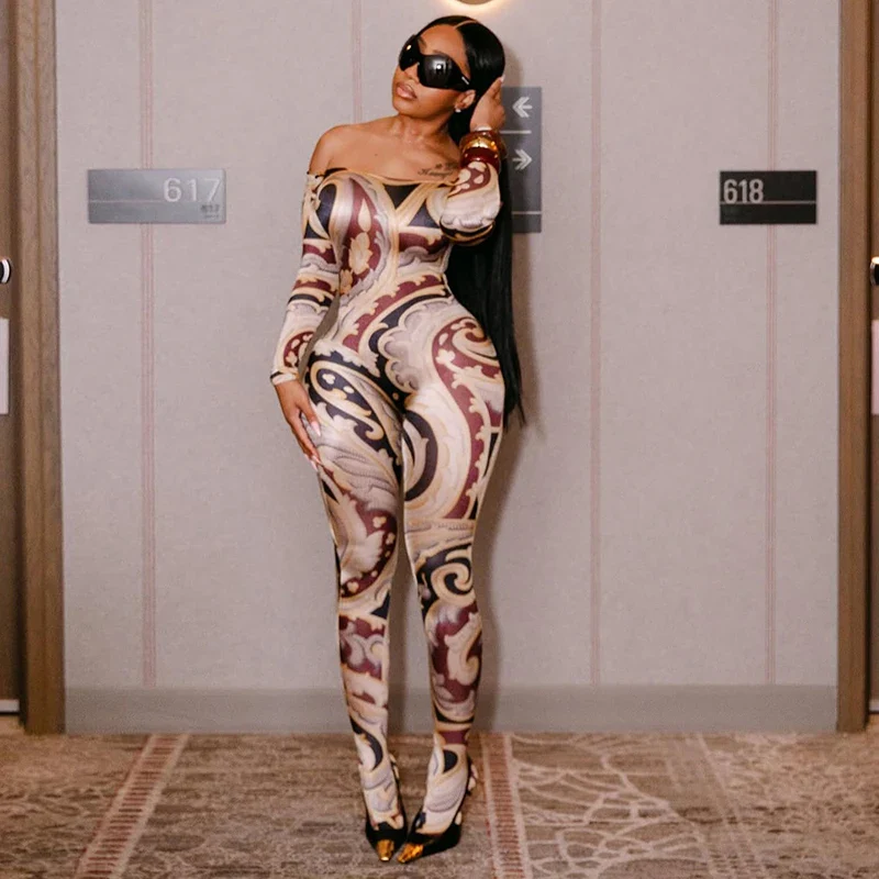 CUTENOVA Fall New Colorful Printed Women'S Jumpsuit One-Shoulder Strapless Long Sleeves Slim Fit Elastic Ankles Jumpsuit Female - Image 3