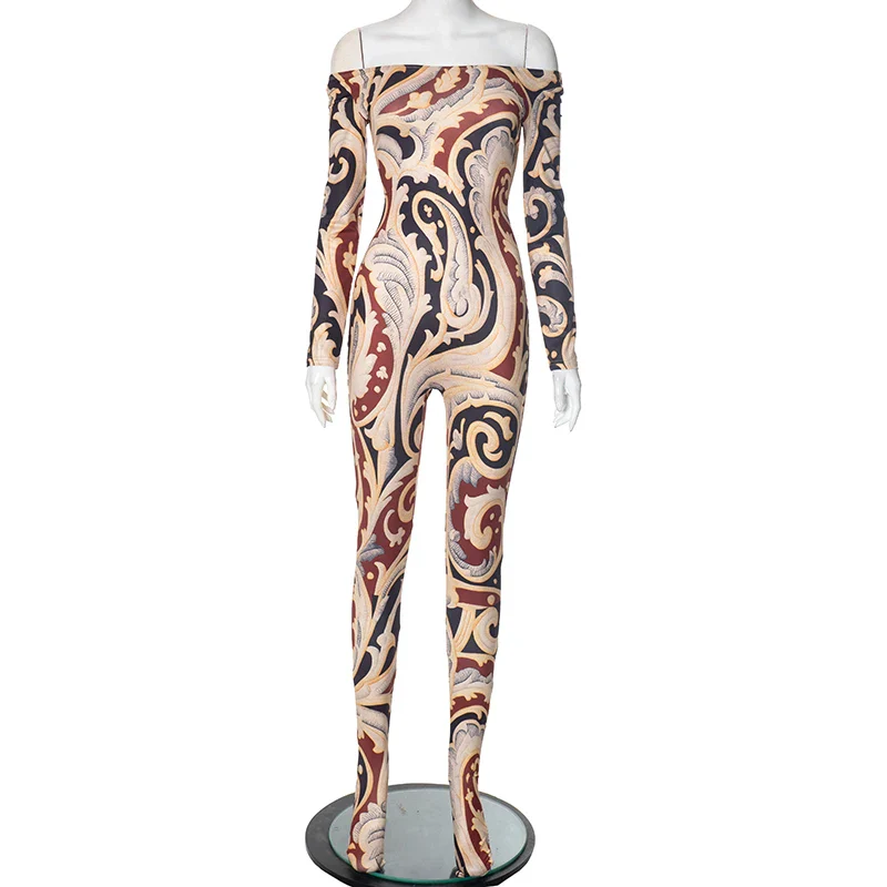 CUTENOVA Fall New Colorful Printed Women'S Jumpsuit One-Shoulder Strapless Long Sleeves Slim Fit Elastic Ankles Jumpsuit Female - Image 8