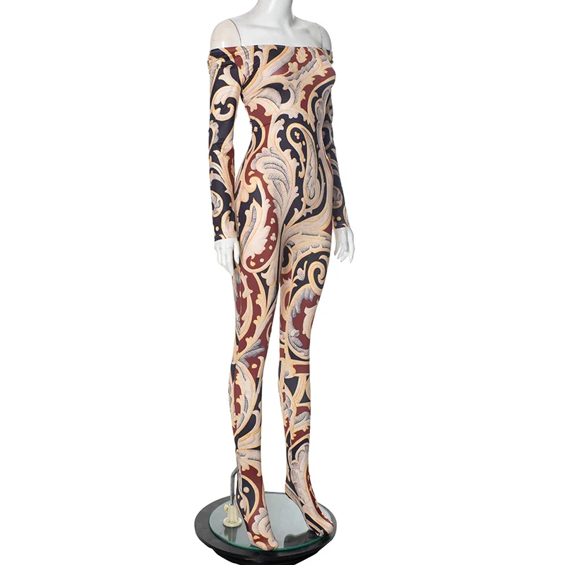 CUTENOVA Fall New Colorful Printed Women'S Jumpsuit One-Shoulder Strapless Long Sleeves Slim Fit Elastic Ankles Jumpsuit Female - Image 9