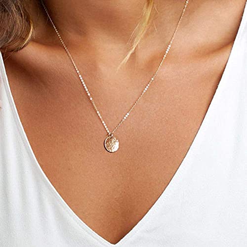 Dainty Layering Pearls Necklace Bar Necklace Hammered Disc Pendant Necklace Simple Layering Necklace Gold Plated Choker for Women - Image 2