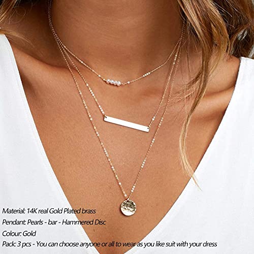 Dainty Layering Pearls Necklace Bar Necklace Hammered Disc Pendant Necklace Simple Layering Necklace Gold Plated Choker for Women - Image 7